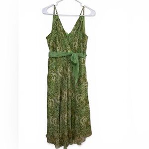 Jonathan Martin 100% Silk Green & Gold Paisley Y2K Flowy Midi Dress Size 14